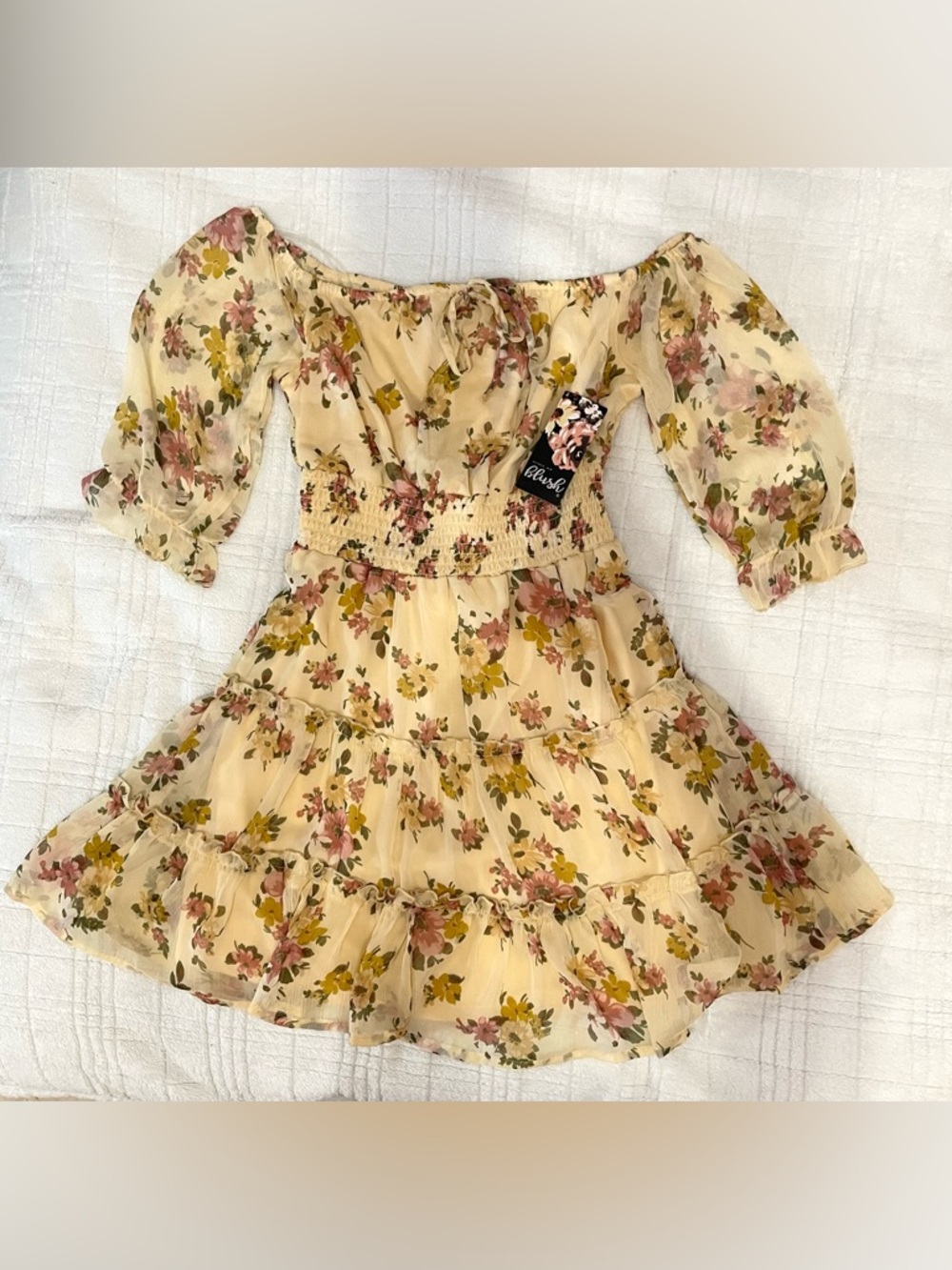 Blush yellow Floral Off-Shoulder Tiered Dress with Pink Blooms